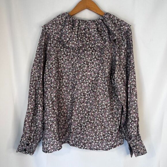 H&M Floral Print Ruffle Collar Tie Neck Long Sleeve Peasant Blouse Size Small - Picture 2 of 9